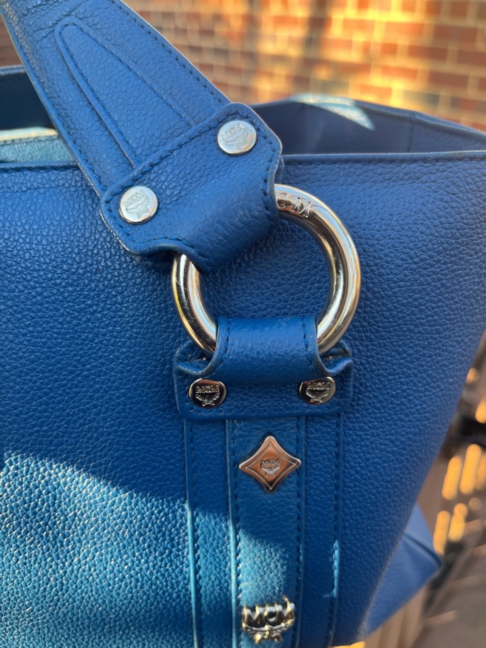 MCM  Blue Leather Satchel with Silver Hardware and end pockets - Picture 9 of 15